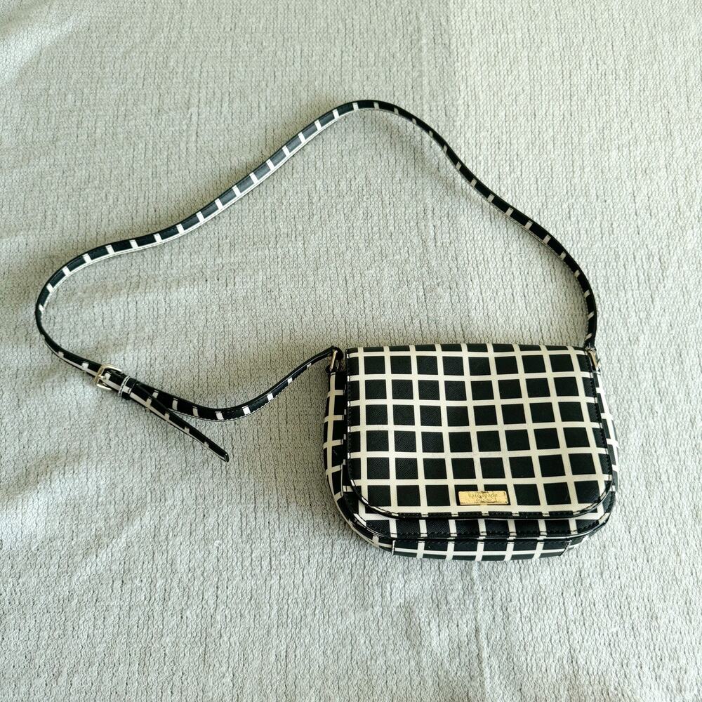 Kate Spade Black + White Laurel Way Carsen Printed Check Leather Crossbody Bag